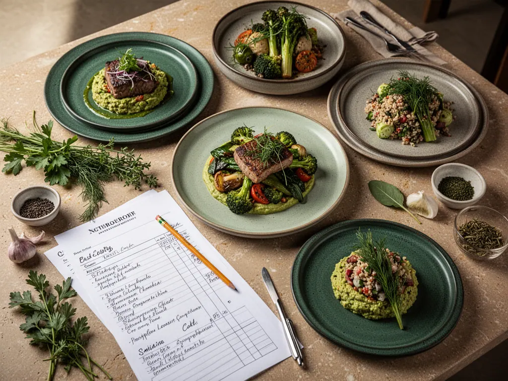 Plant-based dishes and menu development notes on a chef's workspace